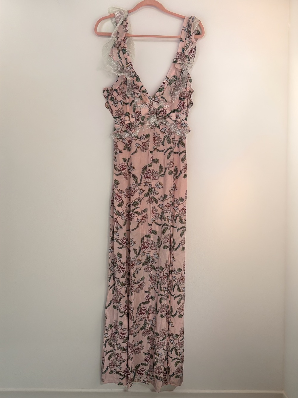 For Love & Lemons Blush Floral Ruffle Maxi Dress NWOT Wedding Guest Sz S - Picture 5 of 9